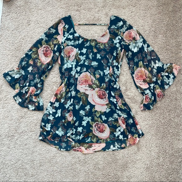 Show Me Your MuMu Boomerang Floral Boho Low Back Ruffle Sleeve Chiffon Dress - Picture 15 of 16